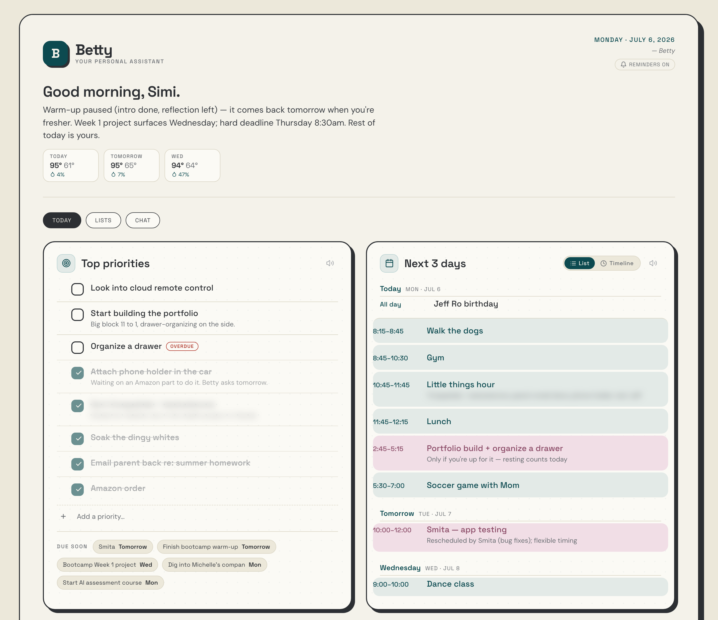 Betty's dashboard: a morning greeting, weather, top priorities list and a three-day calendar on one warm cream page