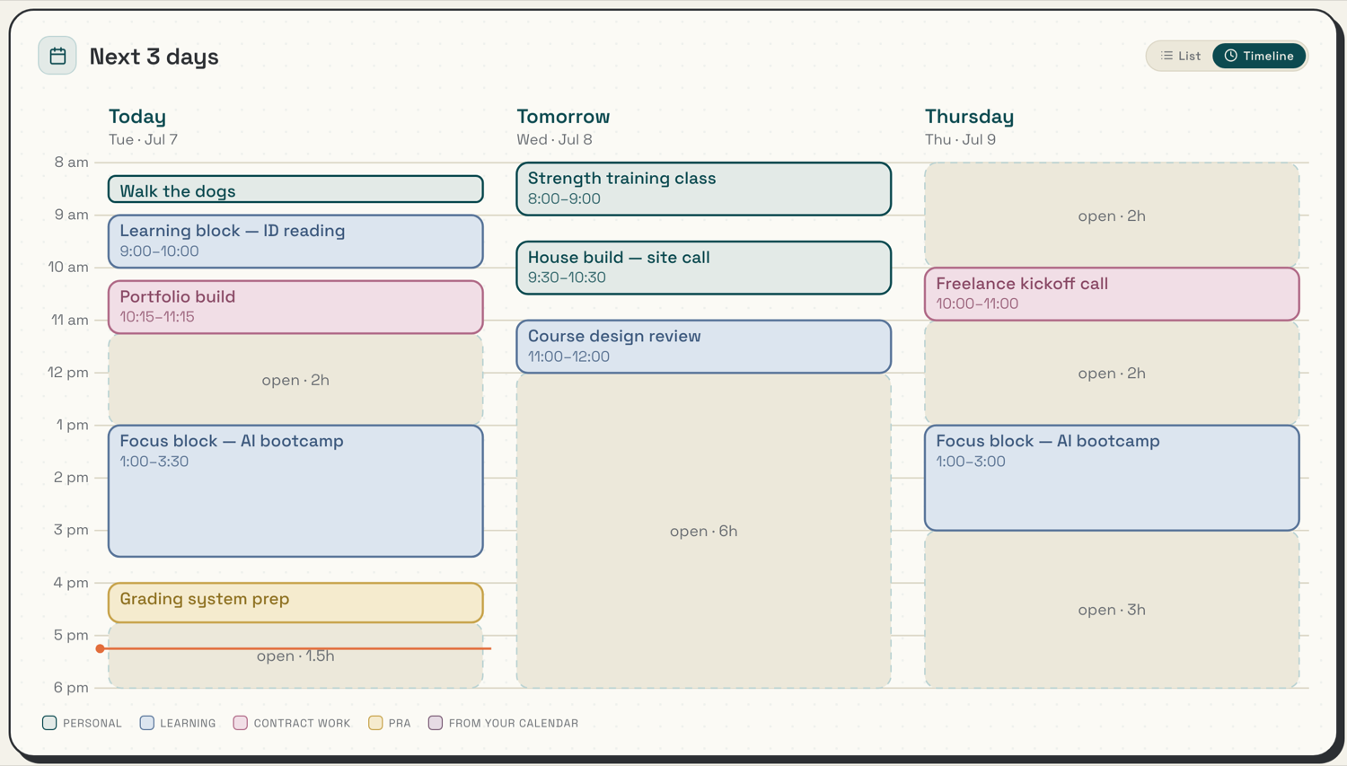 Betty's three-day calendar as a color-coded timeline: personal in teal, learning in blue, contract work in pink, PRA in gold