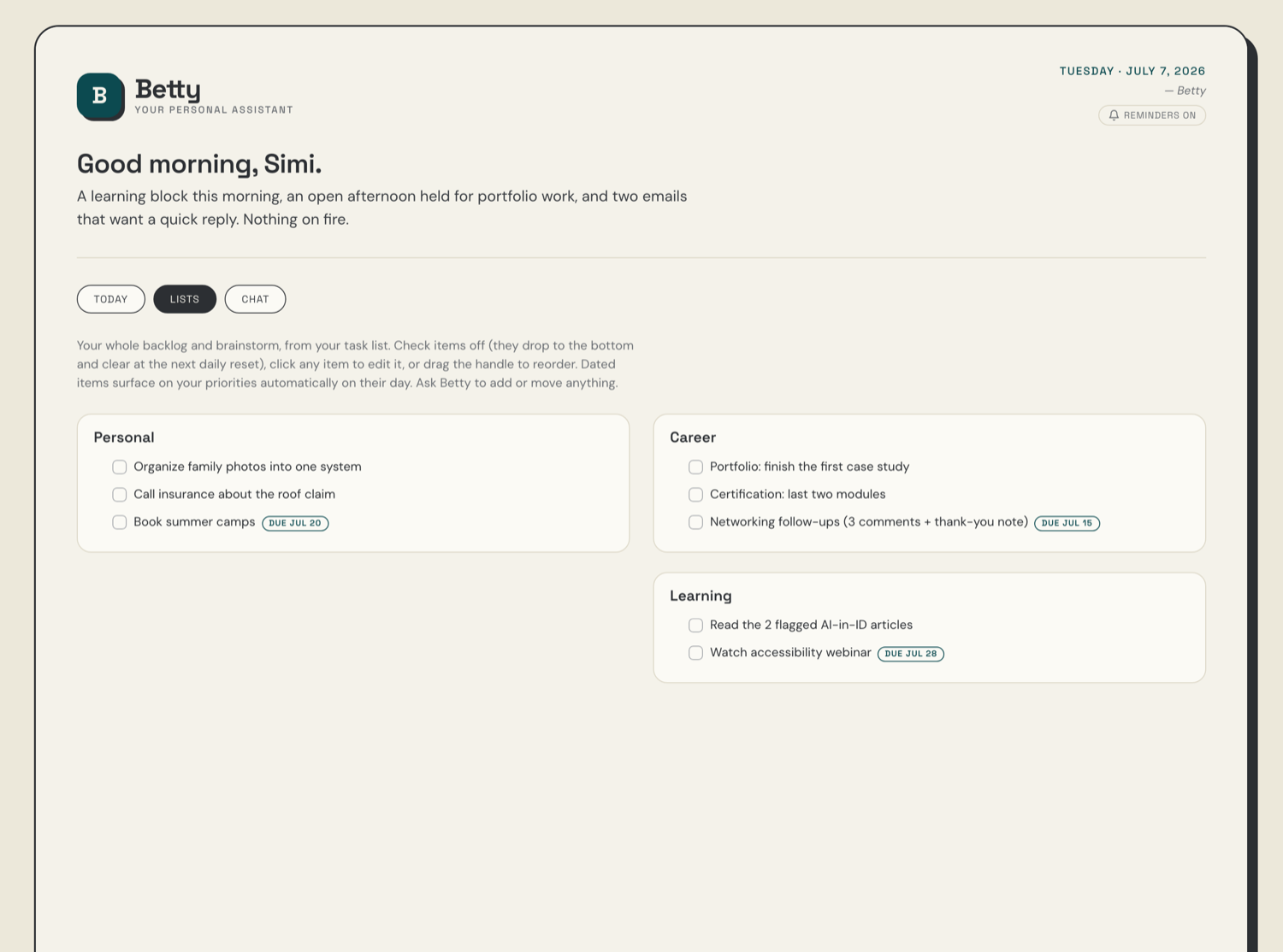 The same Lists page now: the same tasks as short one-line items