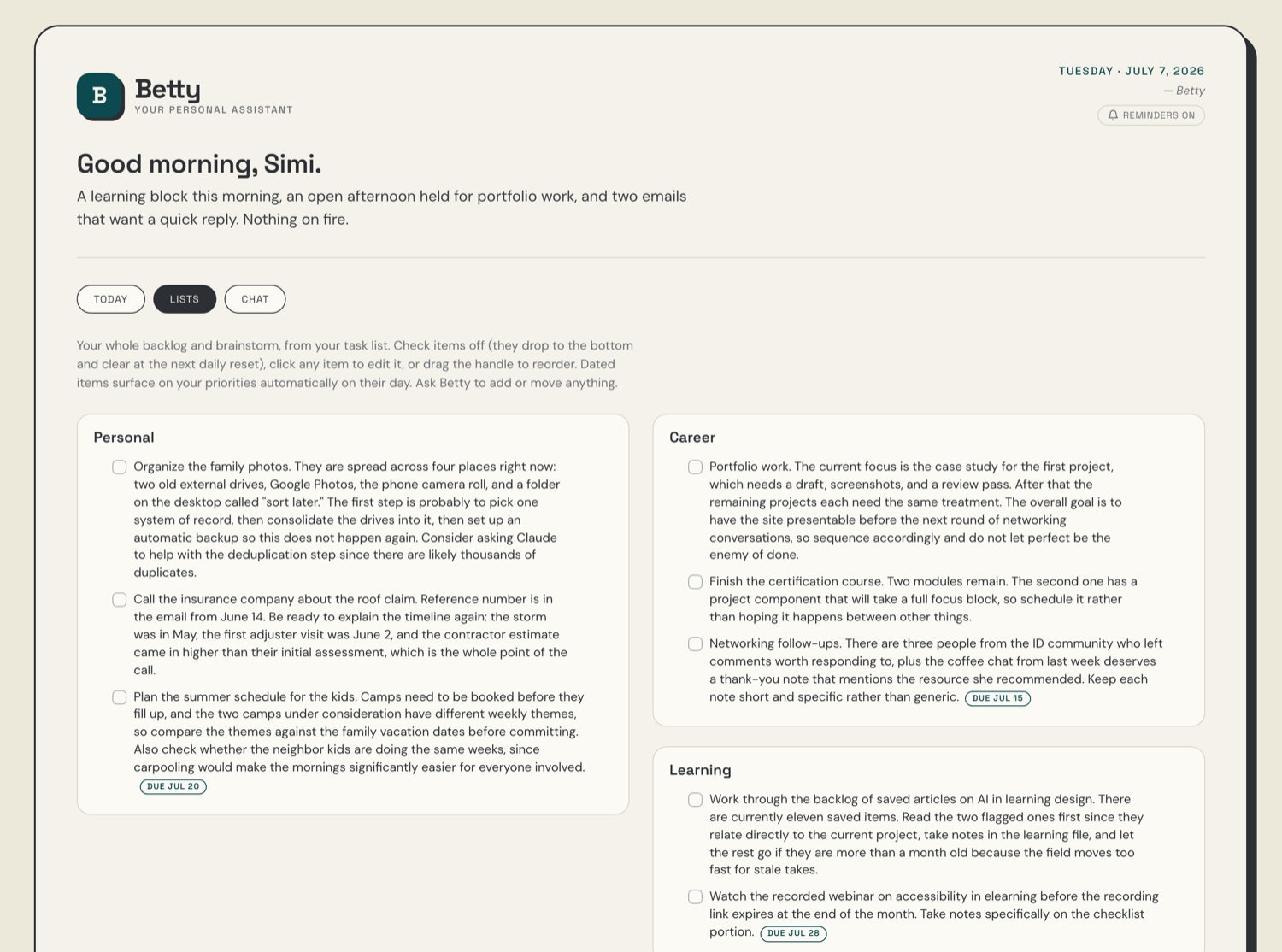 Betty's Lists page after the first import: every task is a full paragraph of detail
