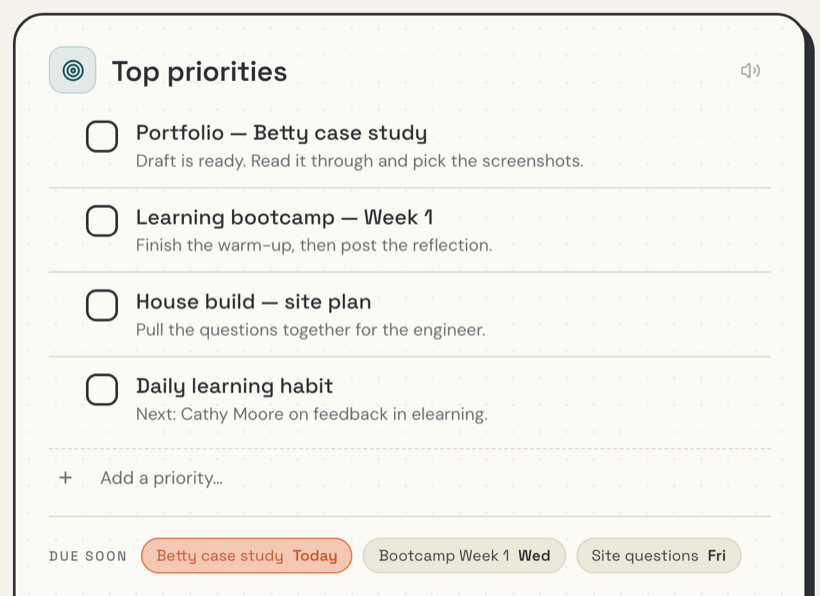 Betty's Top priorities card: four tasks for the day, each with a short note