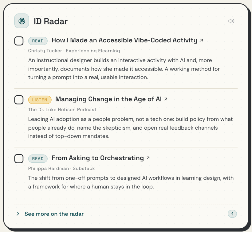Betty's ID Radar card: three learning-design articles and podcasts flagged to read or listen to