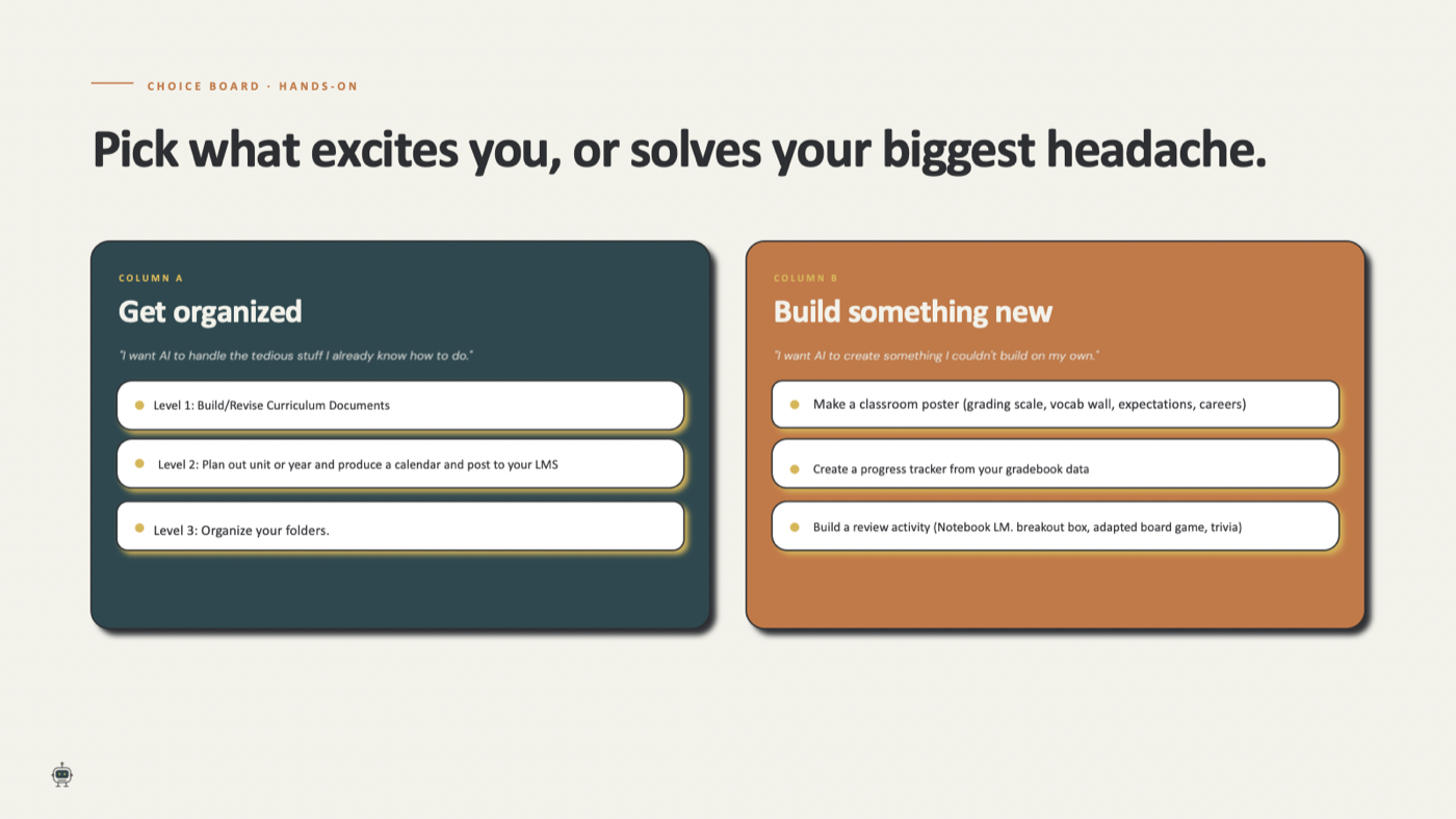 Slide: the hands-on choice board, two columns, Get organized and Build something new, three levels each