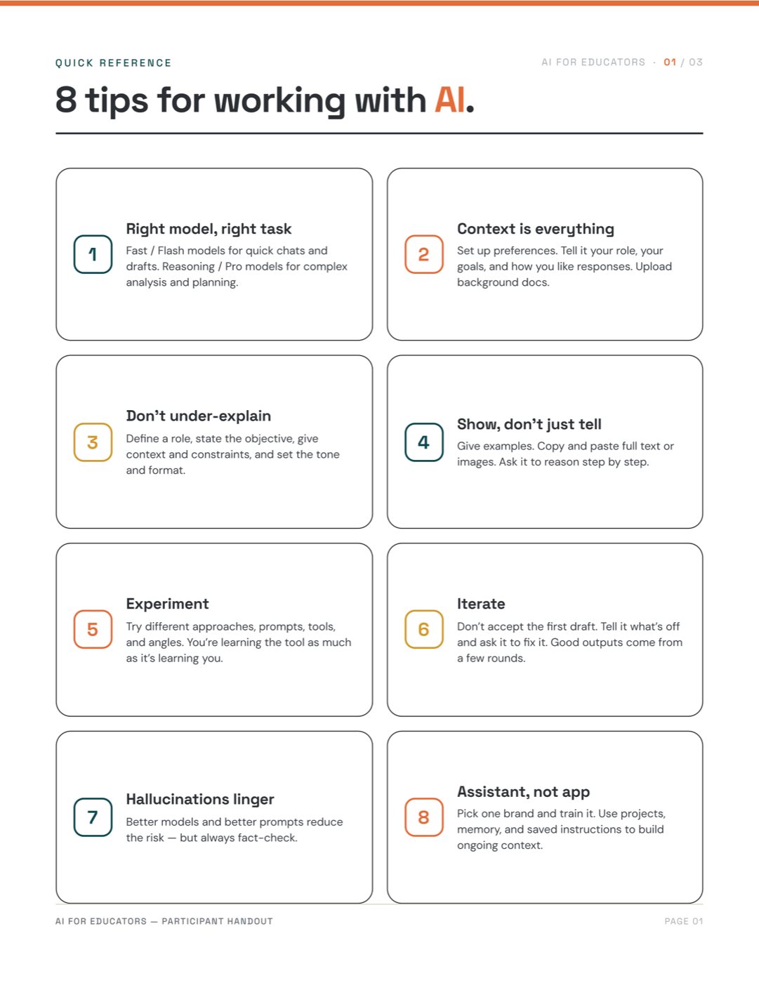 Participant handout page one: 8 tips for working with AI