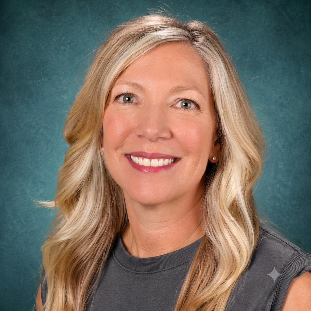 Simi Frost, smiling, on a muted teal background
